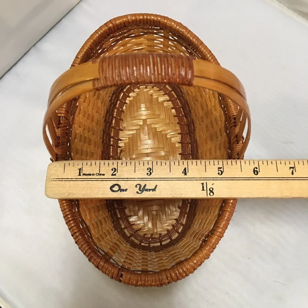Woven Wicker Basket Home Decor Small Brown Two Tone Oval Handle Farmhouse
